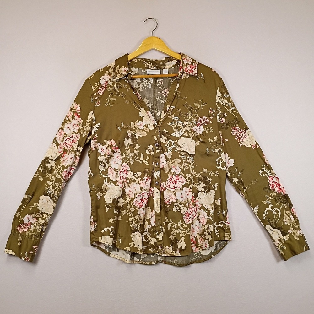 Cottagecore New York & Company Women L Olive Floral Stretch Button Down Shirt